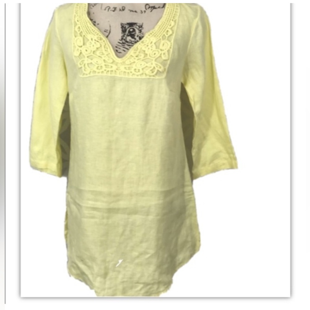 Malvin I love Linen YELLOW Tunic Embroidered V Neckline BEACH festival Summer M